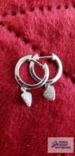 Silver colored hoop earrings with clear gemstone heart dangle marked 925 2.2 G (Description provided