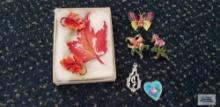 Butterfly pin with pink stone made in Czechoslovakia, Leaf pin and earrings, flower pins, Sarah