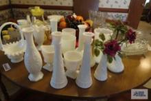 Milkglass vases, creamer and sugar