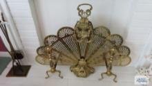 Decorative brass fireplace screen and andirons