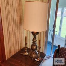 Brass table lamp with candle holders and snuffer
