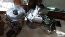Assorted pots, lids, cookie press, sifter and etc