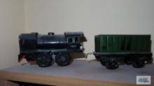 Reproduction metal wind-up train and train car. Missing winder