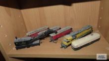 Two Bachmann N gauge engines, three passenger cars and track crane