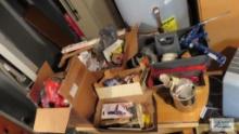 Large lot of hardware, light bulbs, tools and etc with tool basket