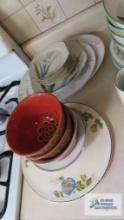 Miscellaneous china plates, cake plate and stoneware bowls