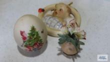 137/b Hummel ornament. Capodimonte floral decoration, chipped. Strawberry Shortcake ceramic egg.