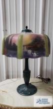 Antique Pittsburgh Lamp Glass and Brass Company lamp with reverse painted shade. Shade has damage.