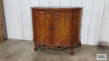 Fruitwood two-door cabinet with carved legs and marble insert. 34 in. tall by 41 in. long by 20 in.