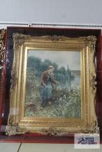 Framed painting under glass by Daniel Ridgway Knight (1839-1924). Mahogany frame measures 30 in. by