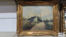 Antique oil on canvas, farmhouse scene. No artist signature. Frame measures 39 in. by 34 in.