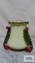 Hand blown glass vase, pale yellow with green and pink accents. approximately 6-1/2 in. tall,