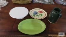 Fiesta platter with chip, cake plate, floral plate and green pitcher
