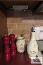 Salt and pepper shakers, oil dispenser, pineapple...pitcher. Buttermilk Acres covered bowl.