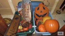 lot of assorted Halloween decorations with two totes