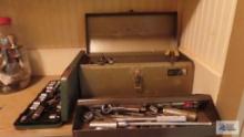 Handi Craft metal toolbox with sockets, breaker bar, wire cutters and etc