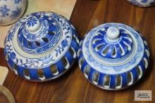 Cut out blue and white covered bowls