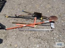 Yard and garden tools including bar clamp, square, crowbar, shovels, painter stick