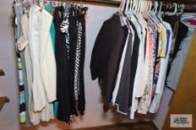 Ladies tops, suit coats and pants. Tops are mostly size medium. Pants are mostly size 10.