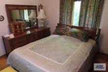 Queen size fruitwood bed, chest of...drawers, dresser with mirror and nightstand. Nightstand is