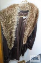 Leather coat with fur collar, size medium