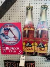 Tin Red Rock Cola Sign w/ Cardboard Royal Crown Advertisement Pieces