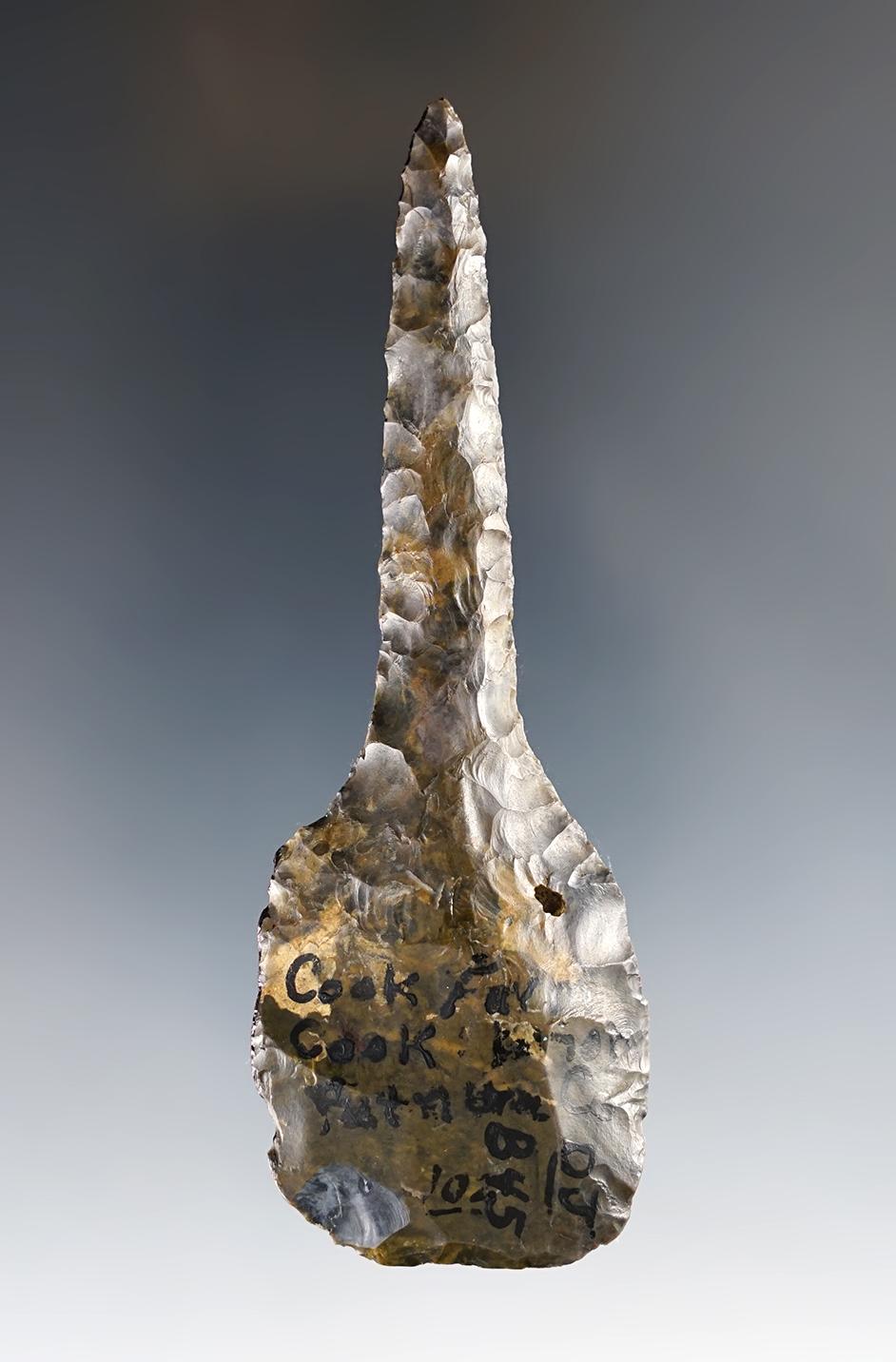 3 15/16" patinated Coshocton Flint Expanded Base Drill - Pickaway Co., OH. Ex. Brook, Johnston.