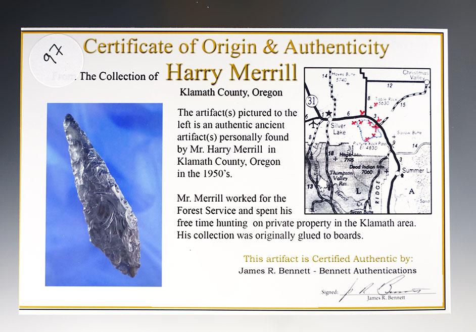 4 7/16" Stemmed Knife made from Obsidian. Found by Harry Merrill in Klamath Co., Oregon.
