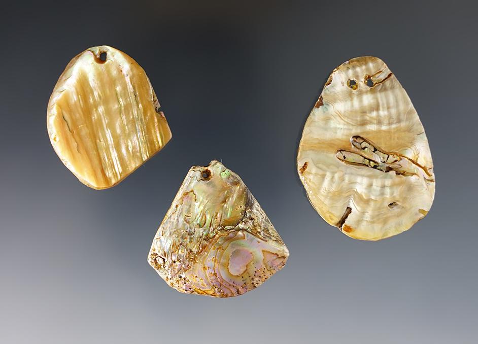 Set of 3 Abalone Shell Pendants found in Colusa Co., California. Largest is 1 15/16".