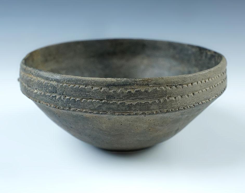 2 1/4" tall by 5" wide Caddo Pottery Bowl with moderate restoration. Ex. Roger Peterson.