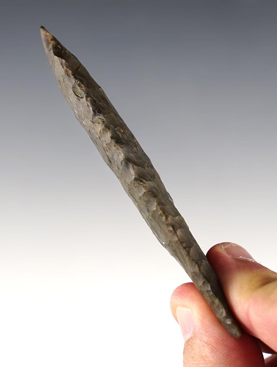 Classic 3 5/8" Fluted Paleo Clovis found in Collins, Whitley Co., Indiana. Heavy ancient grinding.