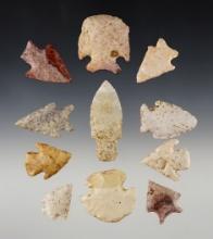 Set of 11 assorted points found in the Illinois area. The largest is 2 1/2".