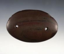 4" Red Slate Oval Gorget found in Butler Co., Ohio. Lightly tallied, 1 5/8" restored ding.