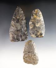 Set of 3 Coshocton Flint Paleo knives found in Ohio in nice condition. Largest is 3 5/8".