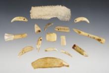 Set of 16 assorted drilled canine teeth, bear tooth and other bone artifacts - Ohio.