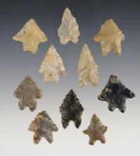 10 Lake Erie Bifurcate points - Ohio. Largest is 1 1/4". Some have uniquely burinated bases.