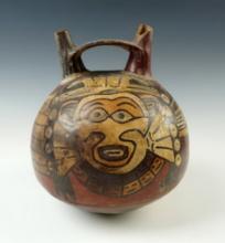 6 3/4" tall x 5" wide Nazca Culture Dual Spout Bottle with excellent exterior paint. South America.