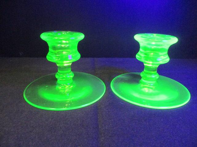 Pair of Green Vaseline Glass Candle Holders