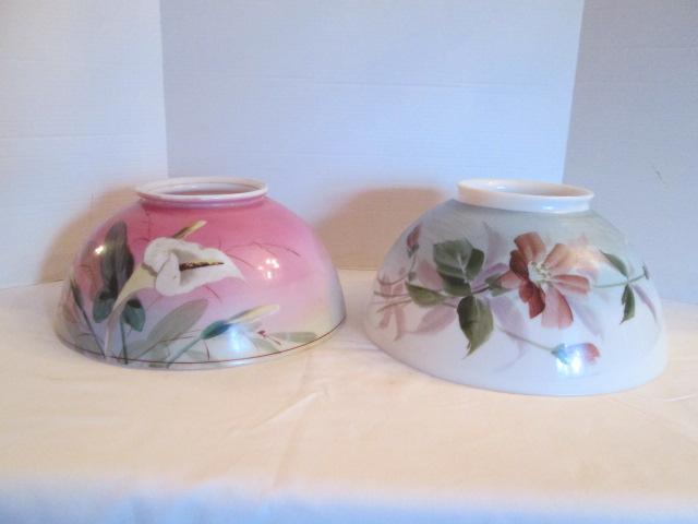 Two Handpainted White Glass Light Shades