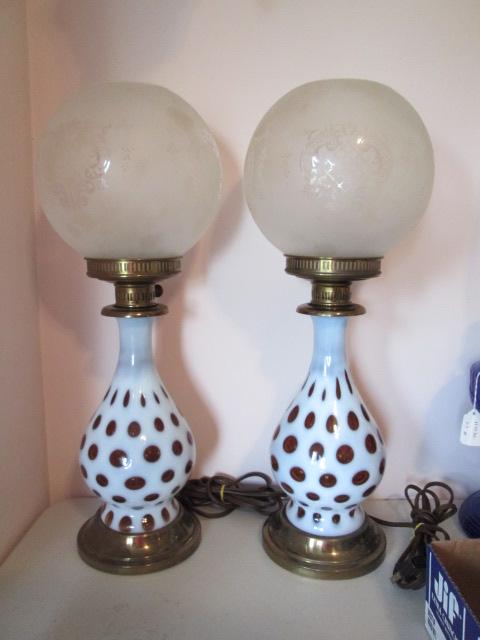 Pair of Fenton Cranberry Coin Dot Electric Lamps
