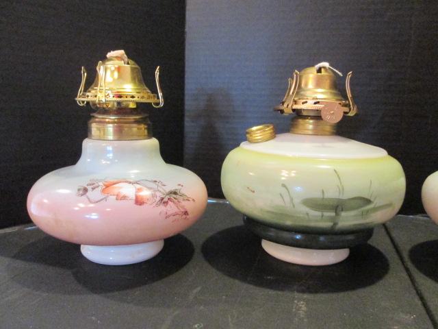 Four Hand Decorated White Glass Oil Font Lamps