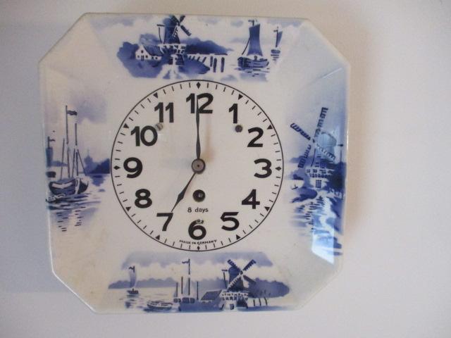 Two Square Blue and White Windmill Motif 8 Day Kitchen Clocks