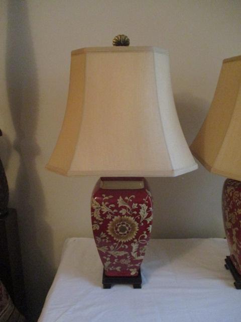 Pair of Red and Gold Floral Table Lamps