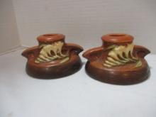 Pair of Vintage Roseville USA Brown "Freesia" Candle Holders