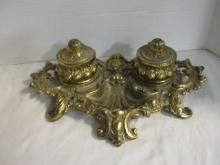 Vintage Brass Victorian Dual Inkwell Desk Set