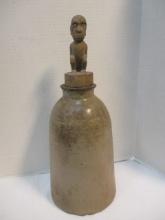 Vintage Stoneware Jug with Carved Wood Tribal Stopper