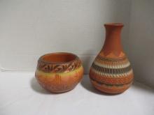 Signed Navajo Native American Pottery Vase and Bowl