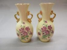 2 Bud Vases w/Violets & Gold Trim 6 1/2"