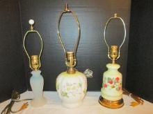 Two Handpainted Electric Lamps and One Satin Glass Electric Lamp