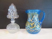 Clear Glass Perfume Bottle and Hand Blown Blue Glass Pitcher with Handpainted Designs